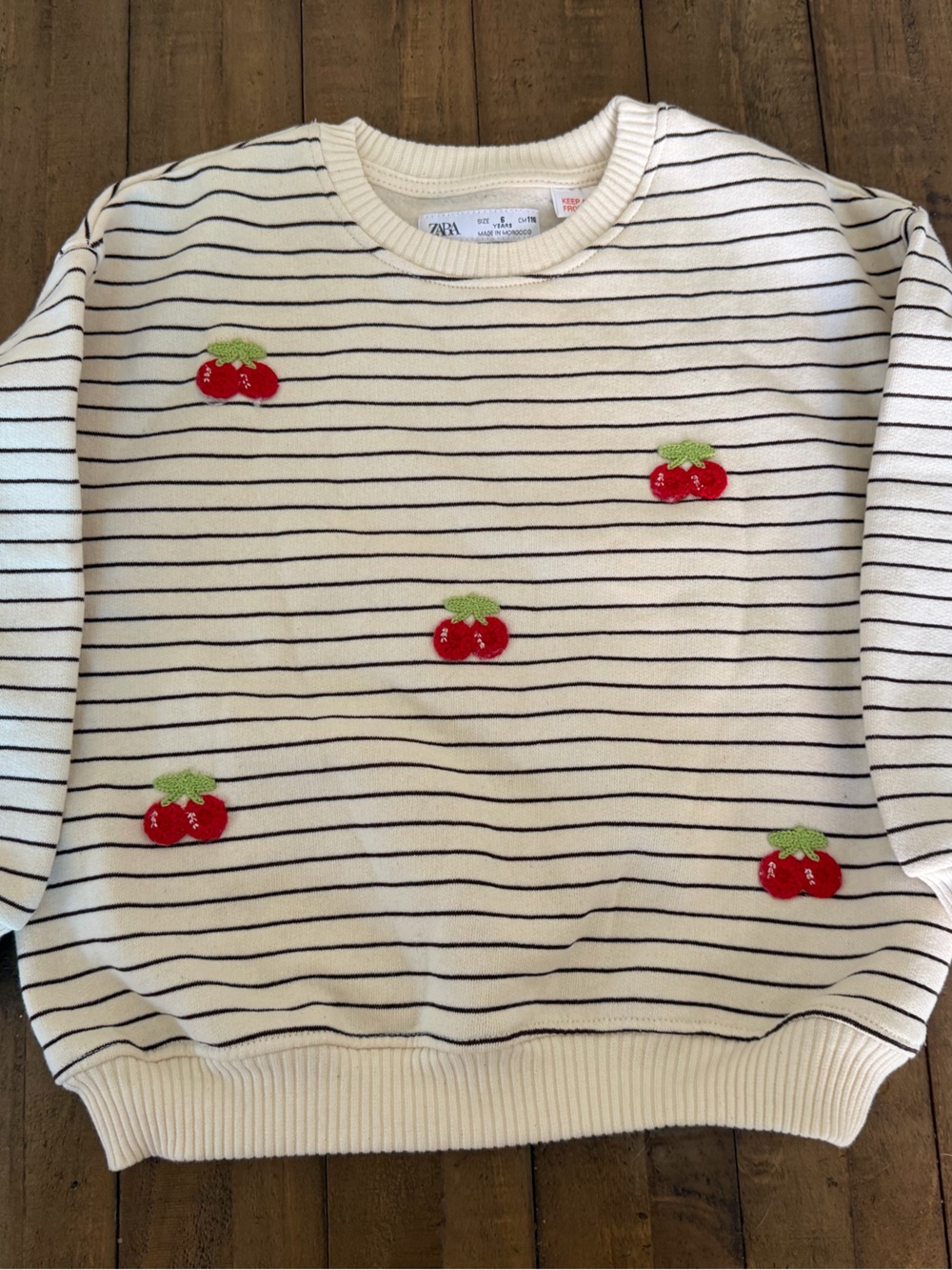 Zara Cream Sweater with Navy Stripes and Red Cherry Motifs